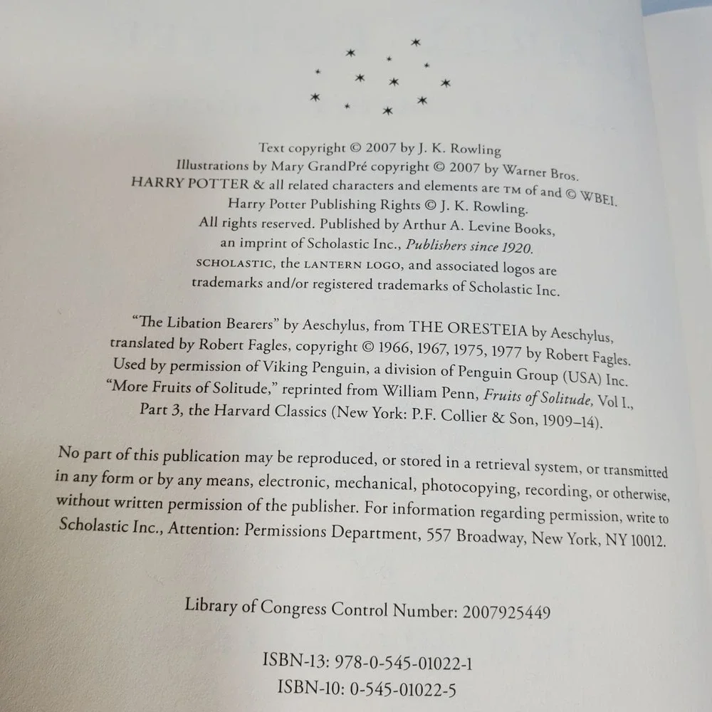 Harry Potter Deathly Hallows‎ First Edition First Printing 759 Page Misprint